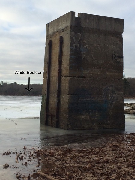 The concrete tower near parking lot. The water needs to be another 4-5' below where it is in this photo for Mud Flats to be dry and another 2' down for Lightning on Yellow Boulder to be dry.