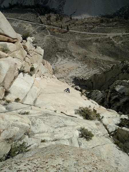 Looking down at pitch 4, the enduro slab pitch.  The descent raps are at the top of the corner seen in the left side of the photo