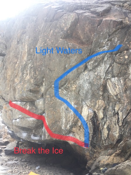 Break the Ice is the red line in the photo on the right side of the Dark Waters cave.