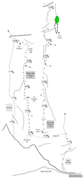 Route topo for Penny Lane and Revolver, 3 O'Clock Rock, Darrington