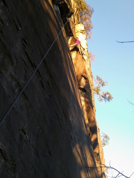 Grumpy pulling the roof marking the location of the bolt.