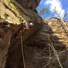 pulling bottom boulder roof, first bolt too high for us to stick clip from ground