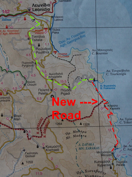 New Road - Map Green is driving route to the "New Road", see "Kyparissi / Getting There"