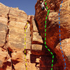 climb to the left of the cave and traverse rightish and then up. YELLOW: Chicken gumbo for your dumbo (trad) GREEN: Soup nazi (toprope) BLUE: Is it soup yet