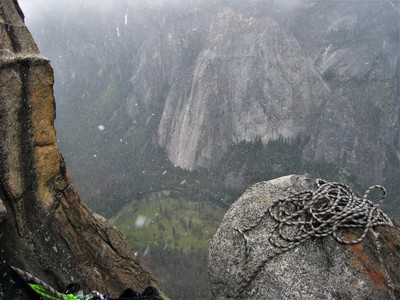 First pitch off of Thanksgiving Ledge as the snow started coming in, mid May 2017