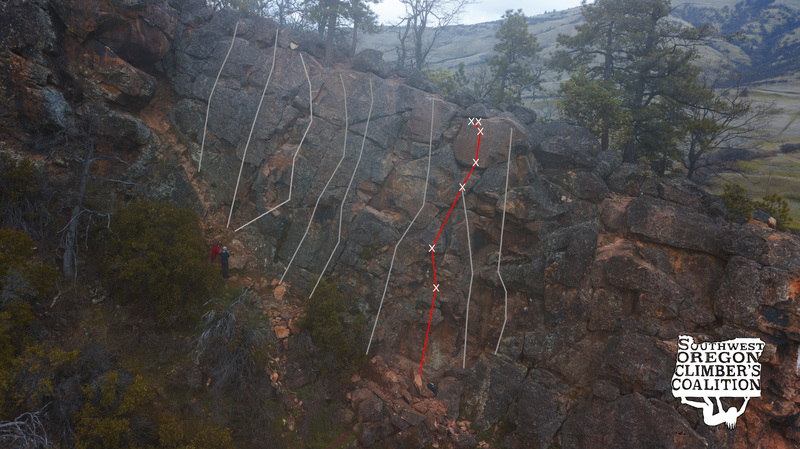 Topo of Cornholio (red) in relation to other climbs on the wall (gray)