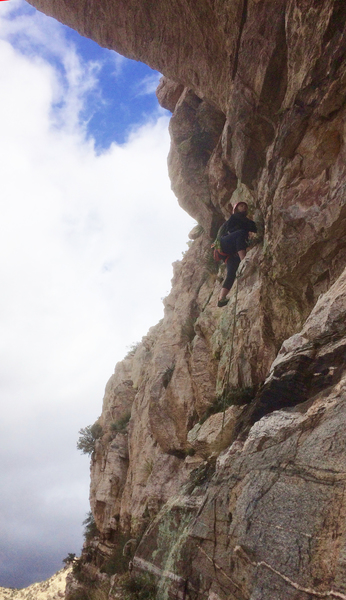 Ann-Marie Maly about to step out over the giant roof on the 10th (final) pitch.