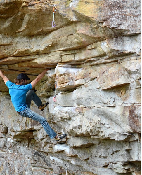 Soloing through the upper crux of "Boy (5.12b)"