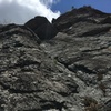 Looking up pitch 1 of the prow. Above the overhanging rock is a great belay ledge.