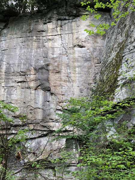 The obvious crack line at the right side of the genocide cave. Look for bolt line starting on the right of the blocks down low