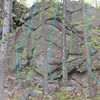 Krauss from W:
<br>
A. Dividing Gully Crack
<br>
C. Far Left Face
<br>
D. Near Left Face
<br>
G. Center Left Face
<br>
H. Center Center Face
<br>
J. Center Alcove Direct
<br>
K. Right Face