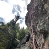 P1 Anchor views. I thought the crux of the route was getting off this ledge, over the bulge and onto vertical ground.