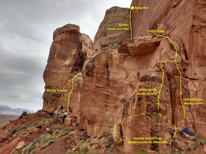 Topo of an alternate start we FA'd in April 2018. Goes at 5.7. Starts 40 yards right of Hot for Teacher. Climbs splitter inside squeeze, up low angle ramp, across crypto ledge, and up splitter hands and fists to a belay pod at same level as hanging valley