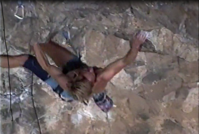 Todd Graham on first crux of the Governor, first ascent, mid 1990s.