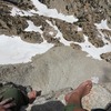 Looking down from the belay at the base of the Shattered Pillar. The orange speck on the right side in the bushes is our tent!
<br>
Good water source in the center of the photo at the end of the large snowfield where the talus touches the bedrock.
<br>
July '17