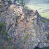 Topo of Wimpy (red) in relation to other climbs on the Ren Wall (gray)