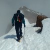 Dan George of Santa Barbara on the easy but exposed narrow ridge spot right after surmounting Avy Gulch. (See comment.)