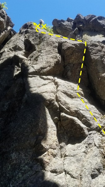 First bolt is just out of view to the right of the picture. Layback crux through the overlap is visible in the foreground with a climber at the anchor.