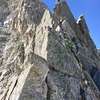 Tanner F soloing high on the N Ridge in July. Not just a spring/winter route!