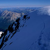 Summit view August 1998. Cold in the shadows that morning. Route was in good shape. About 7 hours round trip from the hut that day.