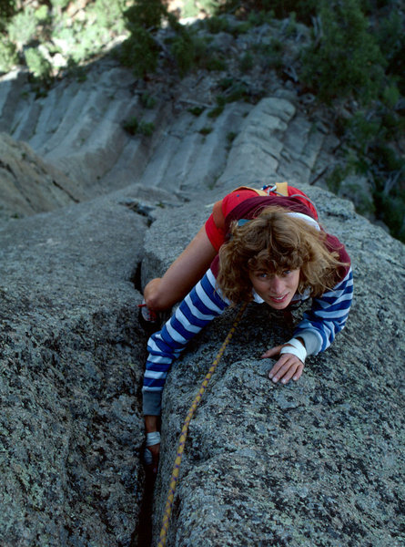 Mary Erdei above the crux in July 1985.