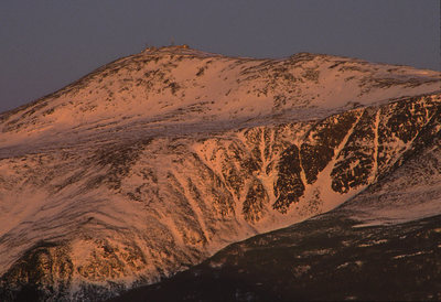 Sunrise on the summit and Huntington Ravine from Mt Hight in March 1993.