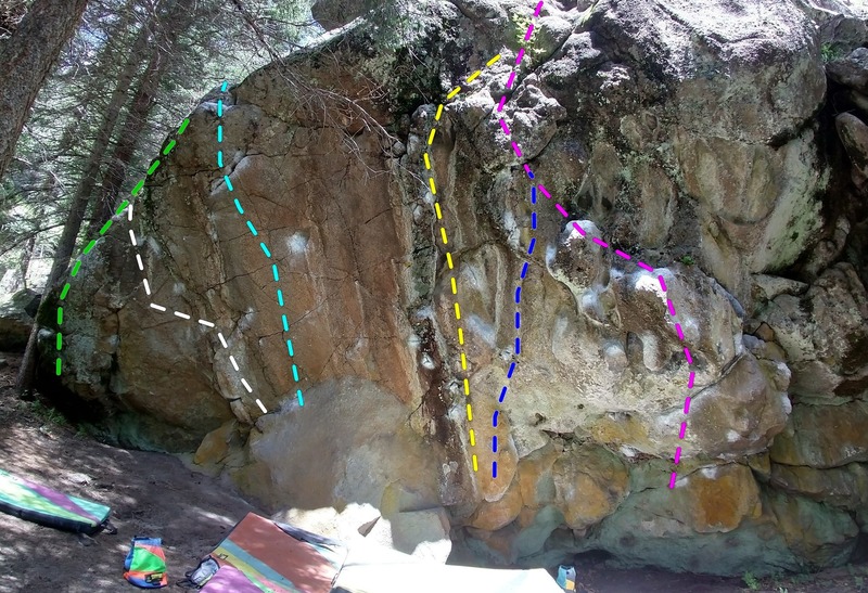 The Grotto topo. 
<br>
Pink = Armstrong V3 
<br>
Blue = The Gastonometer V4 
<br>
Yellow = The Carny V5 
<br>
Turquoise = Buckeroo Banzai V5
<br>
Green = Heffalump V3