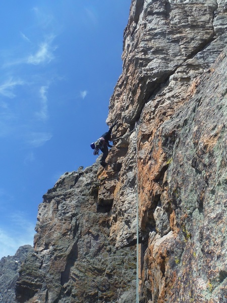 Pitch 4. Awesome exposure as you go left around the arete.