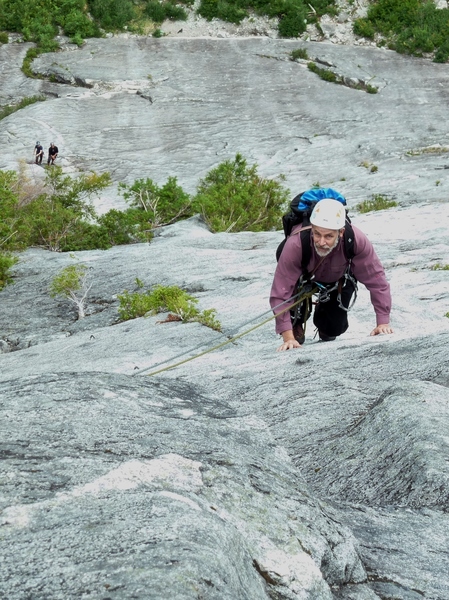 Darrington legend Matt Perkins on Mystery Tour, pitch 3 (5th from ground).  Climbers below on left are at the first belay of Road to Nowhere.