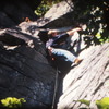 The late Tom Riihimaki leading an early ascent of Green Route, circa 1966-67 Note the klettershoes. (from 8 mm movie film).