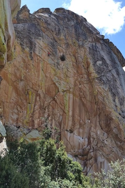 FA of the last pitch. You can see me on the sunlit slab near the notch at the top. Jesse is in orange at the belay. Photo by Mitchell Steven Beiser.