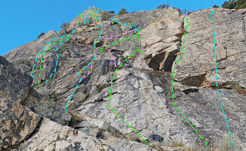 sector Moynier Right + sector Secor
<br>
G Mamba
<br>
P, Papageno
<br>
S. NE Ridge Direct
<br>
A. Left Ridge
<br>
B. Left Slab
<br>
C. L Arete+Crack 
<br>
U. Connect Low
<br>
W. Connect Moynier