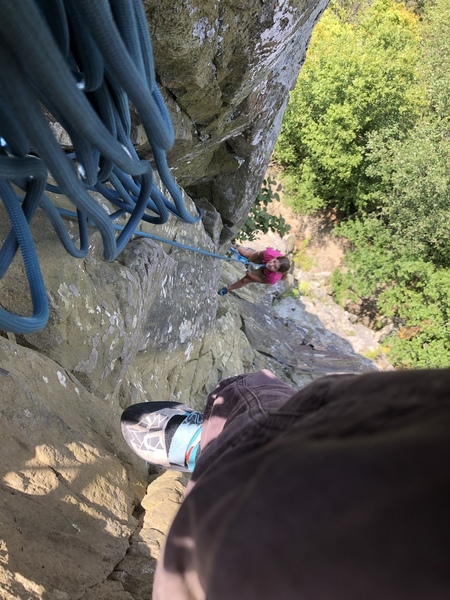 My daughter following me up Kopley’s. Her first trad climb (and my first lead with her belaying). A great route for learning trad.
