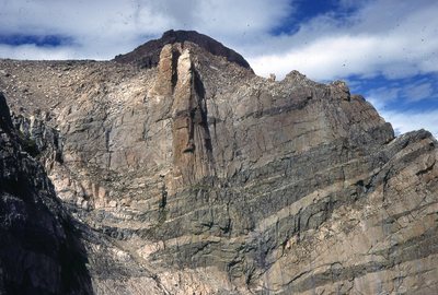 The SE side of the Ship's Prow, as seen from the Flying Buttress, 1977. The Leaning Tower route DOESN'T climb the obvious, offset, right-facing dihedrals in the center of the left 40% of the photo (center of the area left of the prominent reddish pillar).