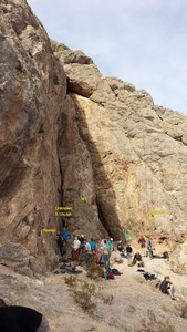 View of most of the crag, with a steep slope to the right and MT in the middle