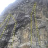 left to right, paydirt - 5.8+, Up and At' em - 5.10d, Goldrunner,- 5.10d, Date Climbish - 5.9, Moss Mantle, 5.9 (3-4p to top)