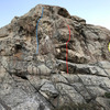 Bath Rock - Southwest
<br>
Yellow (Right): Prey for Me, 11a
<br>
Red (Center): White Huecos 11a
<br>
Blue (Left): Calamari 12b
<br>
There are trad lines here that I have not drawn.