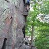 Heinke almost through the crux moves of Golden Ledges.