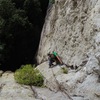 Laybacking the long hand crack on the 1st pitch (5.8)