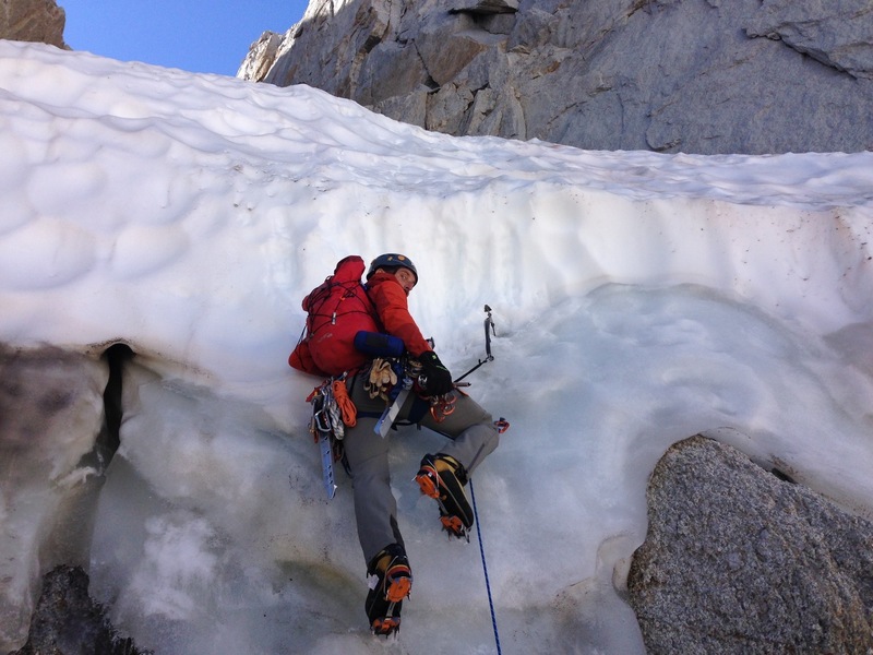 Sept. 9, 2018: Toad climbing the schrund (15'; slightly overhung in the upper few feet). Funnest part of the route!