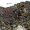 The Ramparts.   Most the routes to date.  Work in progress.  L - R, Ramparts Rampage (10b), Snowshoes of Eddie Phay (5.9), GYATTP (10b), Diggin It (10b).