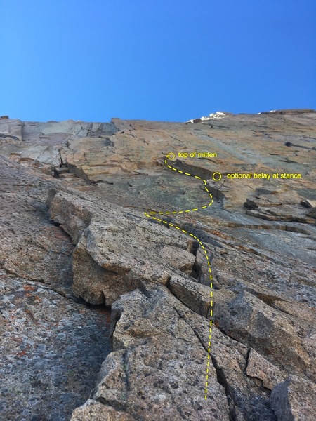 Looking up at the first pitch, some gear available to keep your belayer steady. Use long slings to link without misery. Note this is from the higher band of rock above Broadway, use caution starting the route, this is an accident prone area.