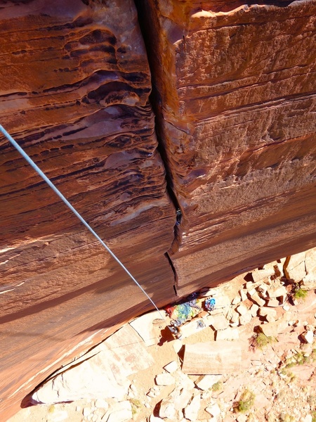 Looking down from the first set of anchors. The crack becomes more featured (and easier, fun) near the top.