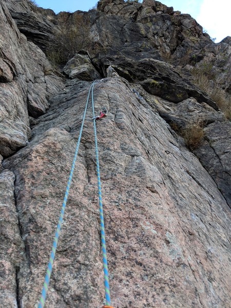 The anchors on the left are for Venice Beach, and the anchors to the right are for the second (easier) finish for Holiday Road. The harder finish anchor for Holiday Road isn't visible but would be out on the small arete to the right.