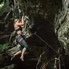 Mel getting to the crux at the roof.