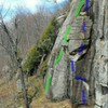 Flubby Dub starts as a leaning offwidth (green).   First Feast ascends up through a small overhang through the nicely-featured flake system (blue).  Bill and Kevin climbed Flubby Dub and named the Dinner Table in '85  Russ and I put up First Feast in '87