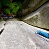 Looking down while climbing Battered Sandwich. Climber on the right is on Wild Turkey. Crack on left is Battered Sandwich.