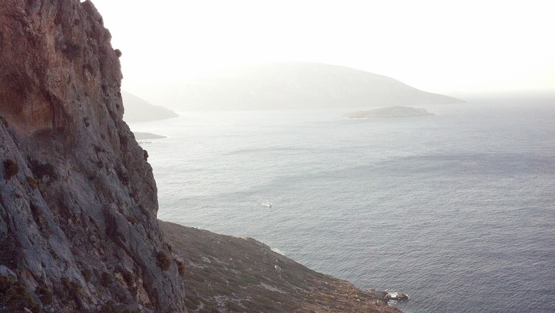 View from start of Wild Country, in the direction of Kalymnos.  Just vIsible is the 8a ferry headed straight for the South Face drop-off point; some low outcrop into the sea (also just visible).