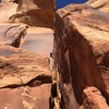 The route from the belay, showing the scrambly start and the thin hands crack.