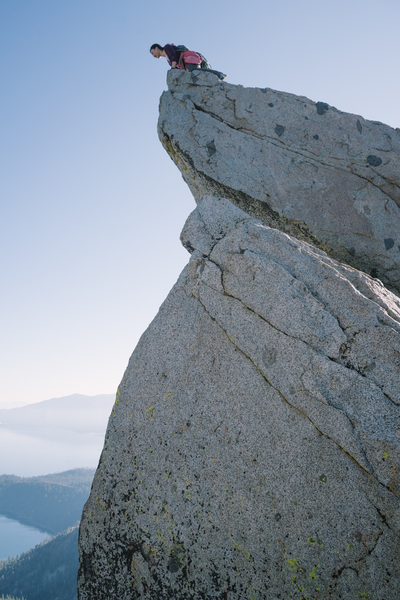 Me looking down from the neat "diving board" feature that you encounter before reaching the pillar summit block on the Eagle Lake Buttress Traverse